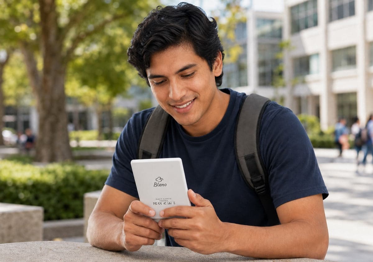 Student reading on a Bleno device on campus