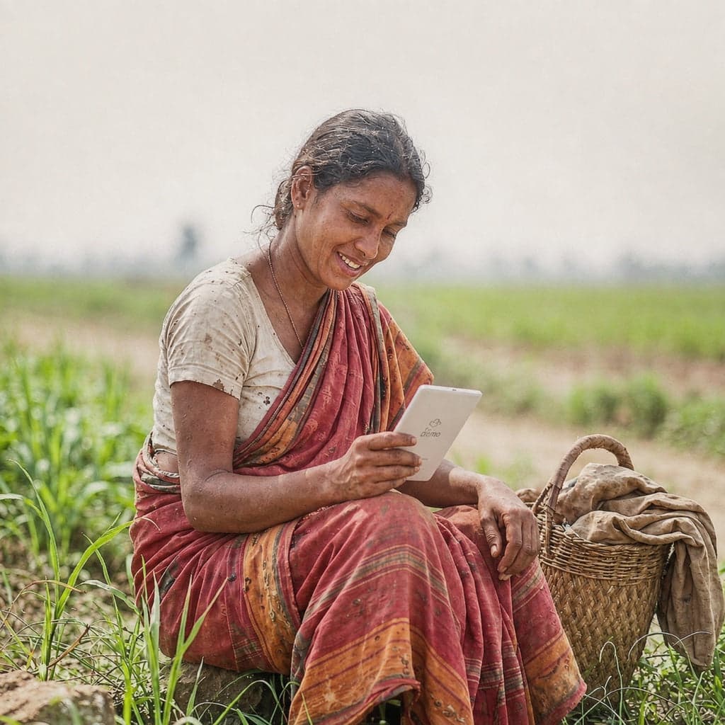 Woman reading on a Bleno device in a field