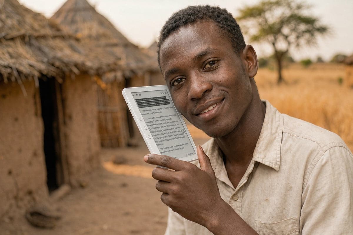 Man holding a Bleno e-reader near a village