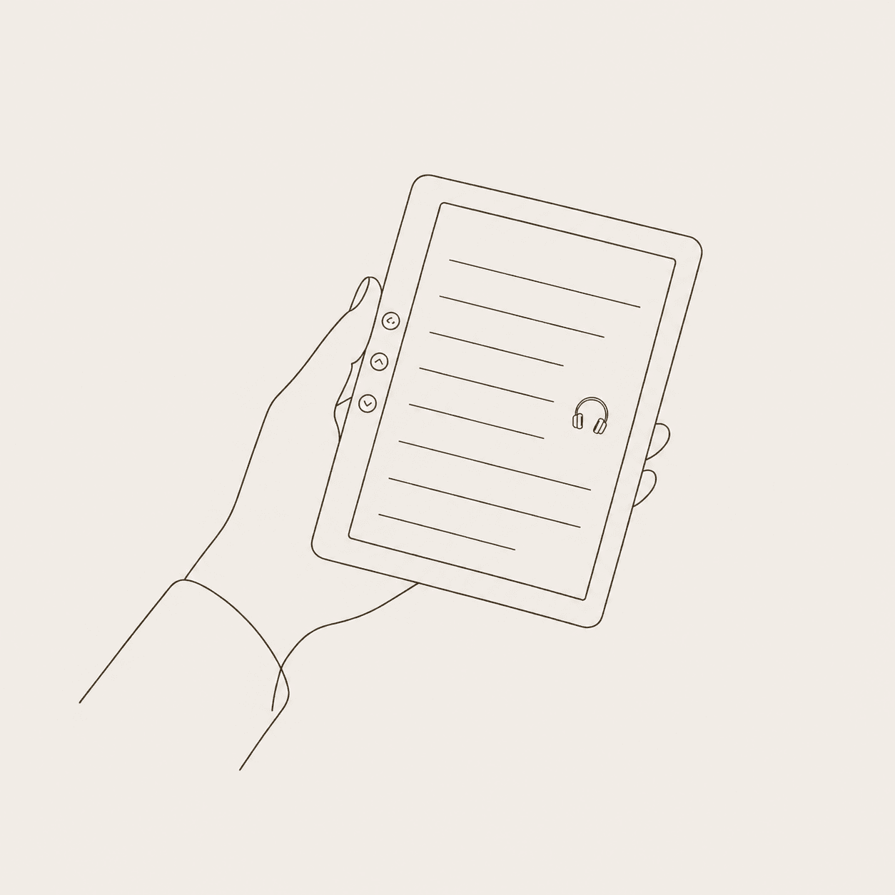 Hand holding a Bleno reader displaying reading lines and a small headphone icon